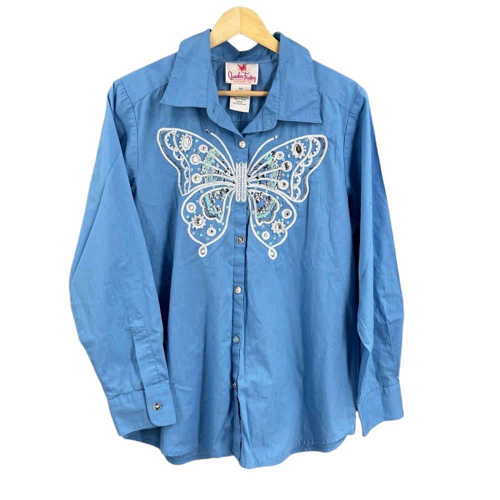 Quacker Factory Shirt Blue Butterfly Sequin Embroidery Rhinestone Statement Med